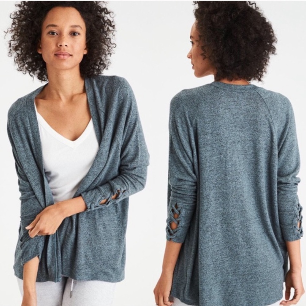 American Eagle Soft & Sexy Plush Cardigan with Lace Up Lattice Sleeve Teal